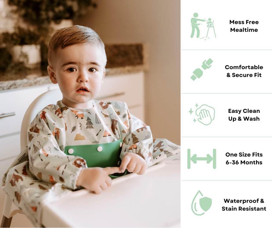 Mess Proof Baby Bibs, Long Sleeve Toddler Feeding Bib and Silicone Catcher, Chair Attaching, Waterproof, 6-36 Months