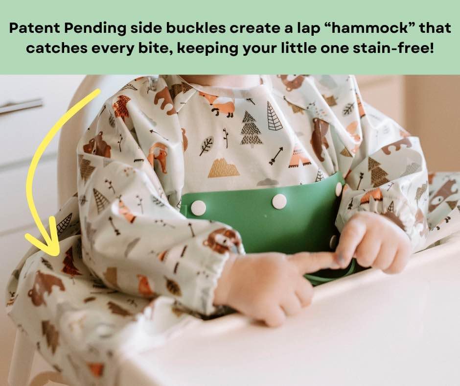 Mess Proof Baby Bibs, Long Sleeve Toddler Feeding Bib and Silicone Catcher, Chair Attaching, Waterproof, 6-36 Months