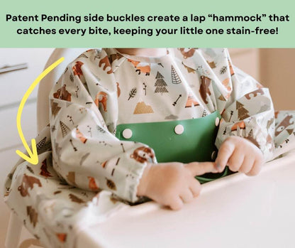 Mess Proof Baby Bibs, Long Sleeve Toddler Feeding Bib and Silicone Catcher, Chair Attaching, Waterproof, 6-36 Months