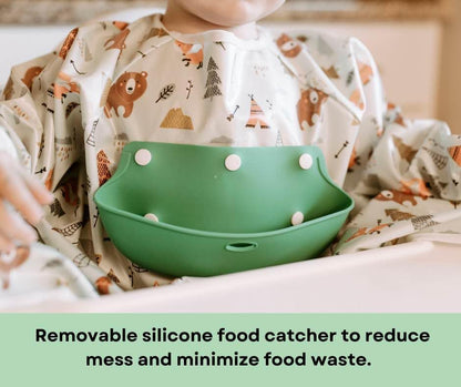 Mess Proof Baby Bibs, Long Sleeve Toddler Feeding Bib and Silicone Catcher, Chair Attaching, Waterproof, 6-36 Months