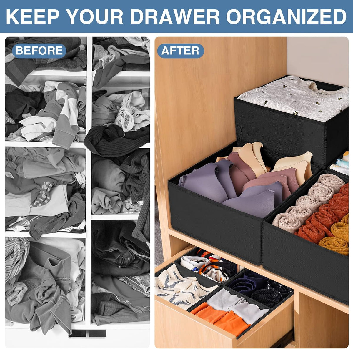Drawer Organizer Clothes, Dresser Organizer for Nursery Bedroom Closet Organization and Storage - Baby Clothes Organizer Bins - Drawer Divider for Sock Underwear Bra Ties (Grey)