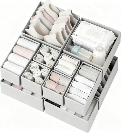 Drawer Organizer Clothes, Dresser Organizer for Nursery Bedroom Closet Organization and Storage - Baby Clothes Organizer Bins - Drawer Divider for Sock Underwear Bra Ties (Grey)
