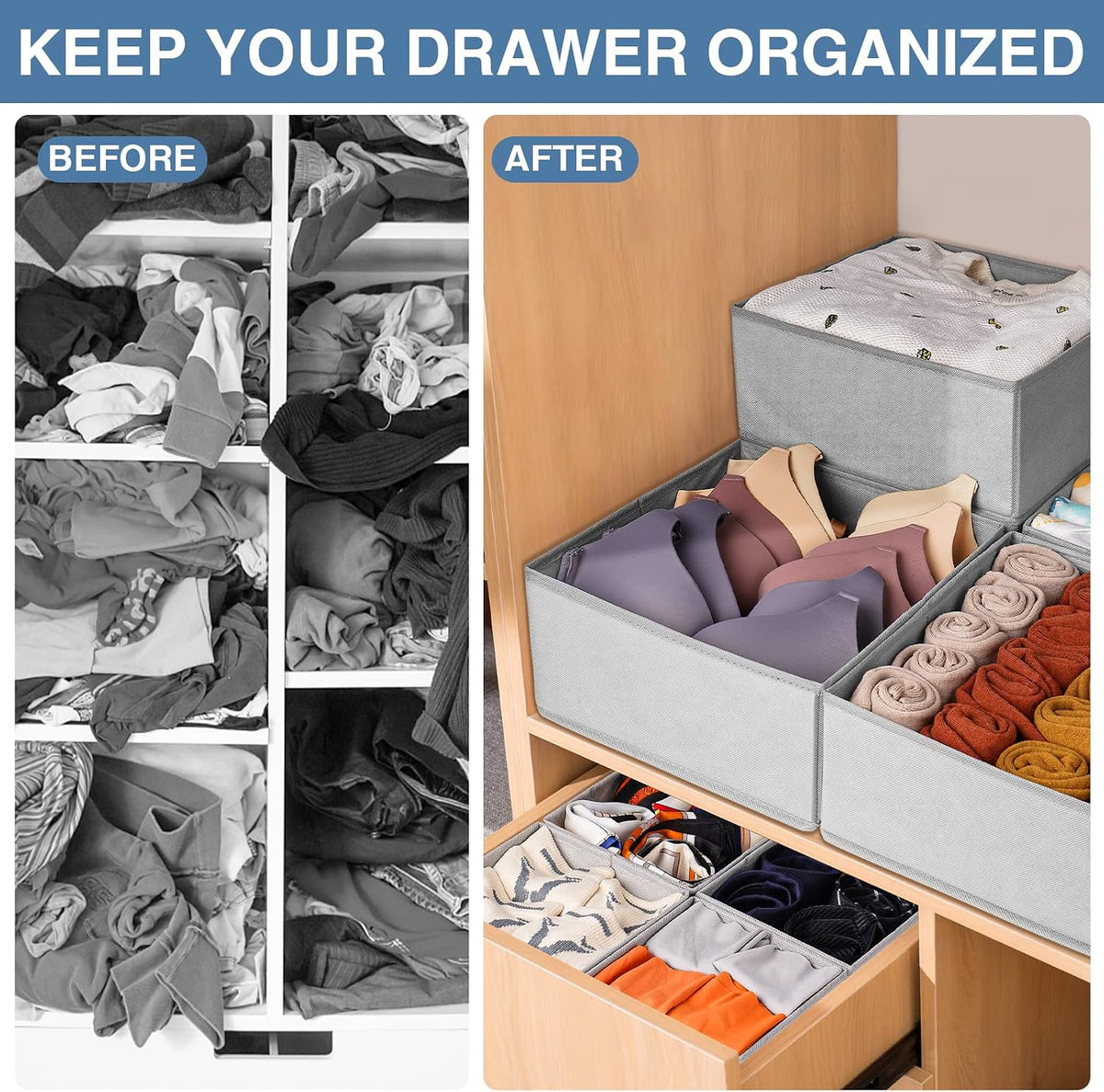 Drawer Organizer Clothes, Dresser Organizer for Nursery Bedroom Closet Organization and Storage - Baby Clothes Organizer Bins - Drawer Divider for Sock Underwear Bra Ties (Grey)