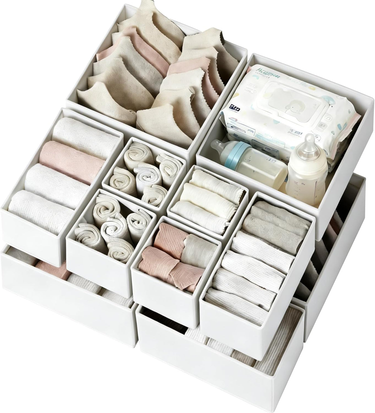 Drawer Organizer Clothes, Dresser Organizer for Nursery Bedroom Closet Organization and Storage - Baby Clothes Organizer Bins - Drawer Divider for Sock Underwear Bra Ties (Grey)