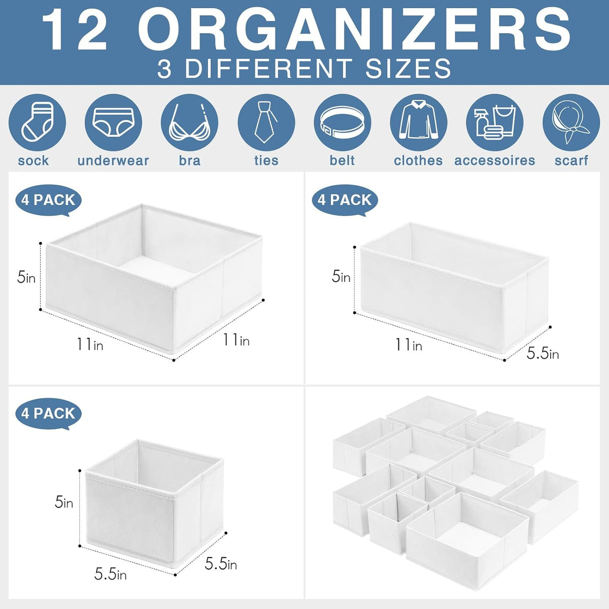 Drawer Organizer Clothes, Dresser Organizer for Nursery Bedroom Closet Organization and Storage - Baby Clothes Organizer Bins - Drawer Divider for Sock Underwear Bra Ties (Grey)