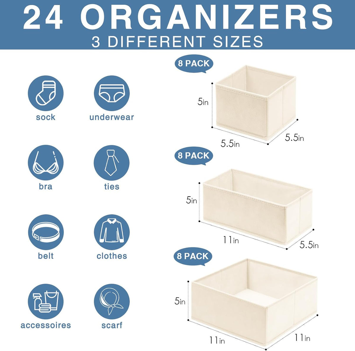Drawer Organizer Clothes, Dresser Organizer for Nursery Bedroom Closet Organization and Storage - Baby Clothes Organizer Bins - Drawer Divider for Sock Underwear Bra Ties (Grey)