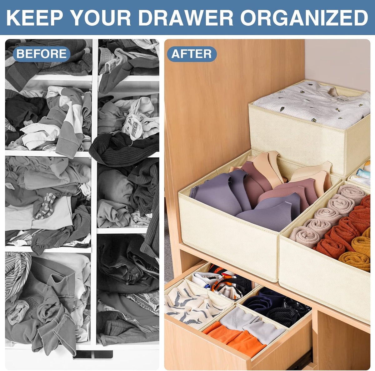 Drawer Organizer Clothes, Dresser Organizer for Nursery Bedroom Closet Organization and Storage - Baby Clothes Organizer Bins - Drawer Divider for Sock Underwear Bra Ties (Grey)