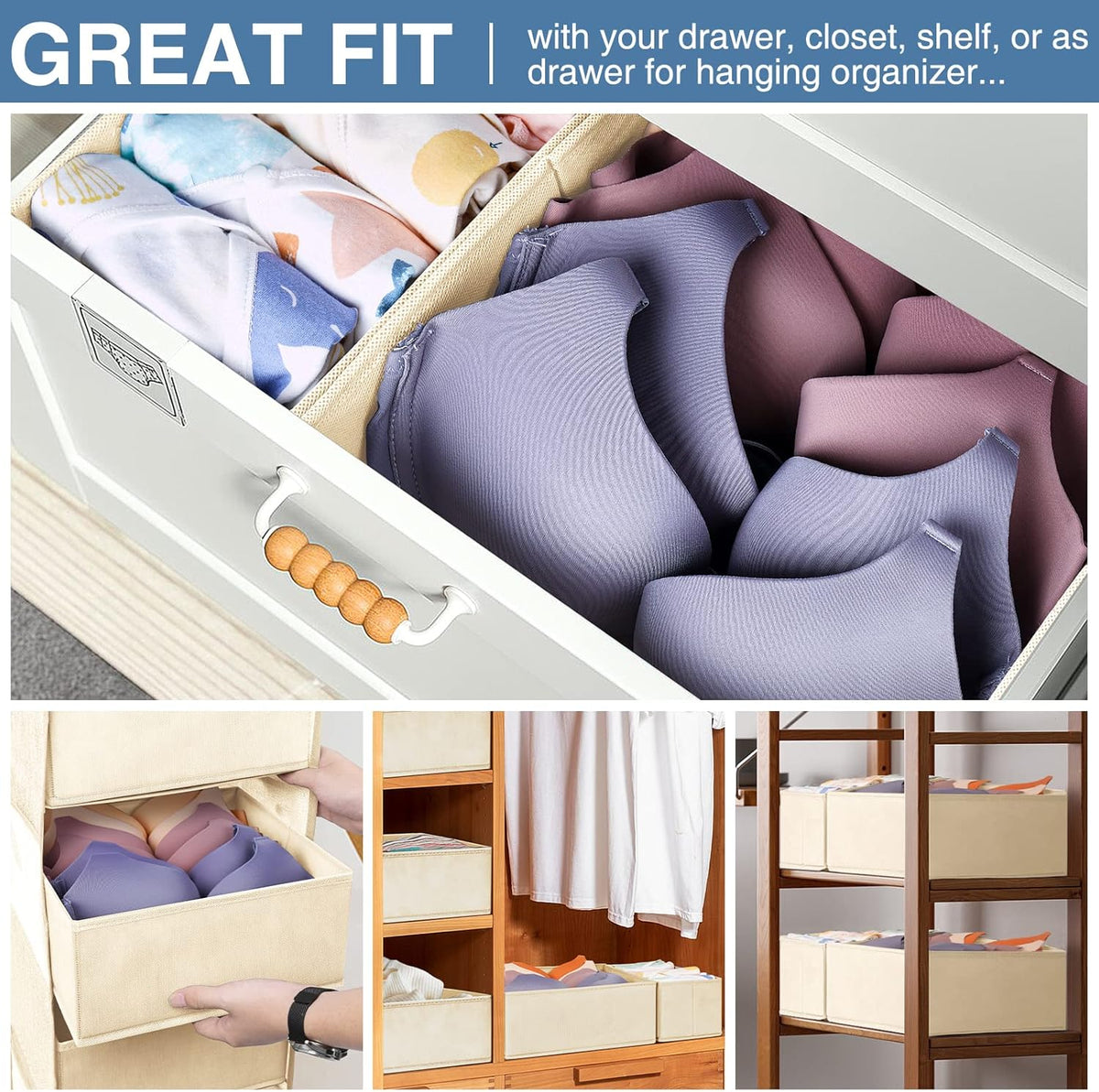Drawer Organizer Clothes, Dresser Organizer for Nursery Bedroom Closet Organization and Storage - Baby Clothes Organizer Bins - Drawer Divider for Sock Underwear Bra Ties (Grey)