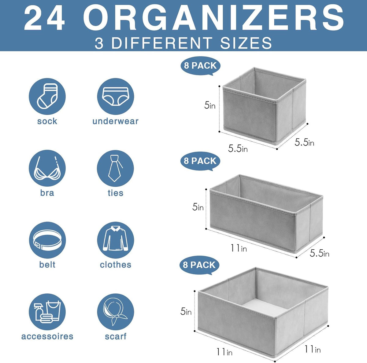 Drawer Organizer Clothes, Dresser Organizer for Nursery Bedroom Closet Organization and Storage - Baby Clothes Organizer Bins - Drawer Divider for Sock Underwear Bra Ties (Grey)
