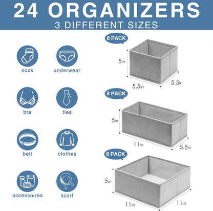 Drawer Organizer Clothes, Dresser Organizer for Nursery Bedroom Closet Organization and Storage - Baby Clothes Organizer Bins - Drawer Divider for Sock Underwear Bra Ties (Grey)