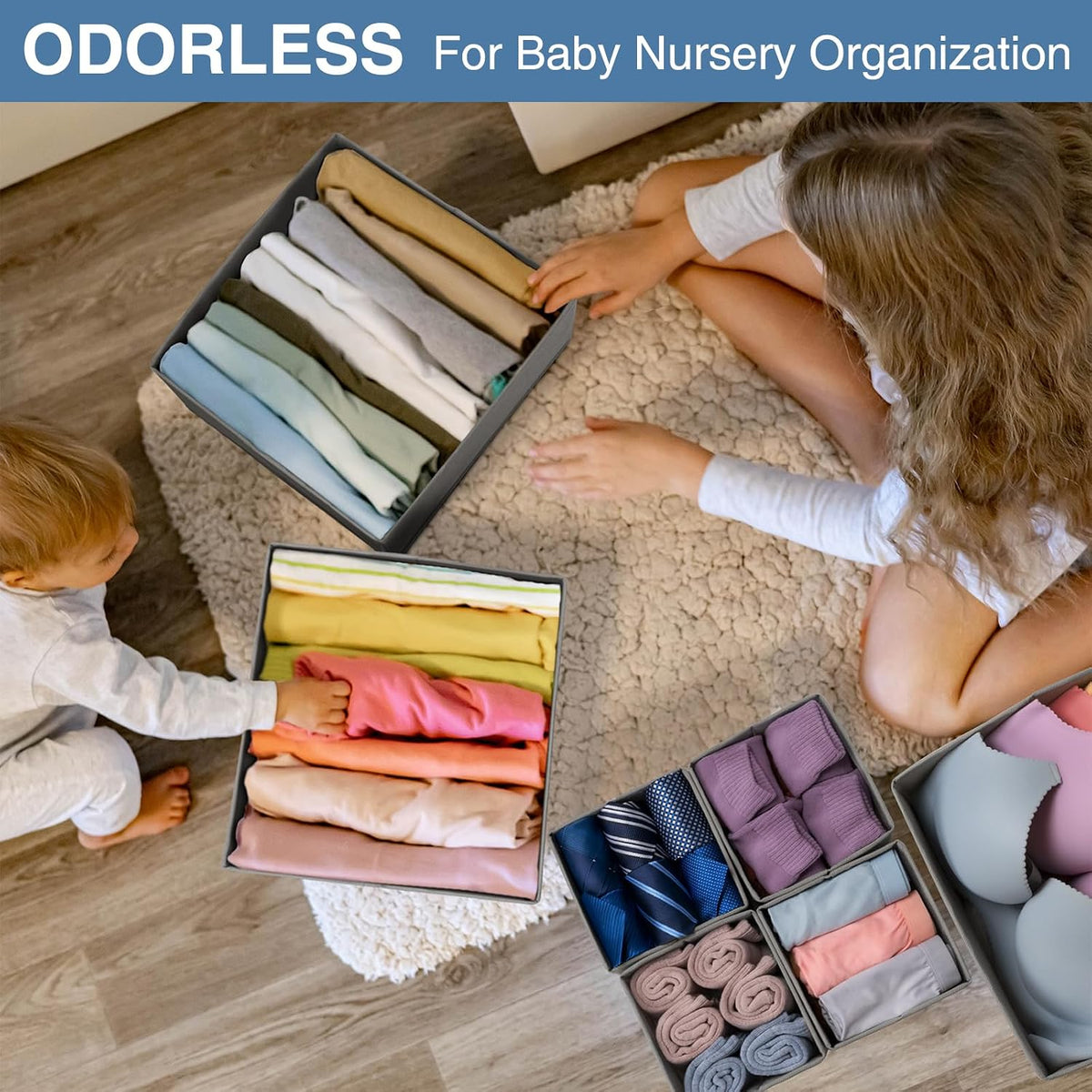 Drawer Organizer Clothes, Dresser Organizer for Nursery Bedroom Closet Organization and Storage - Baby Clothes Organizer Bins - Drawer Divider for Sock Underwear Bra Ties (Grey)