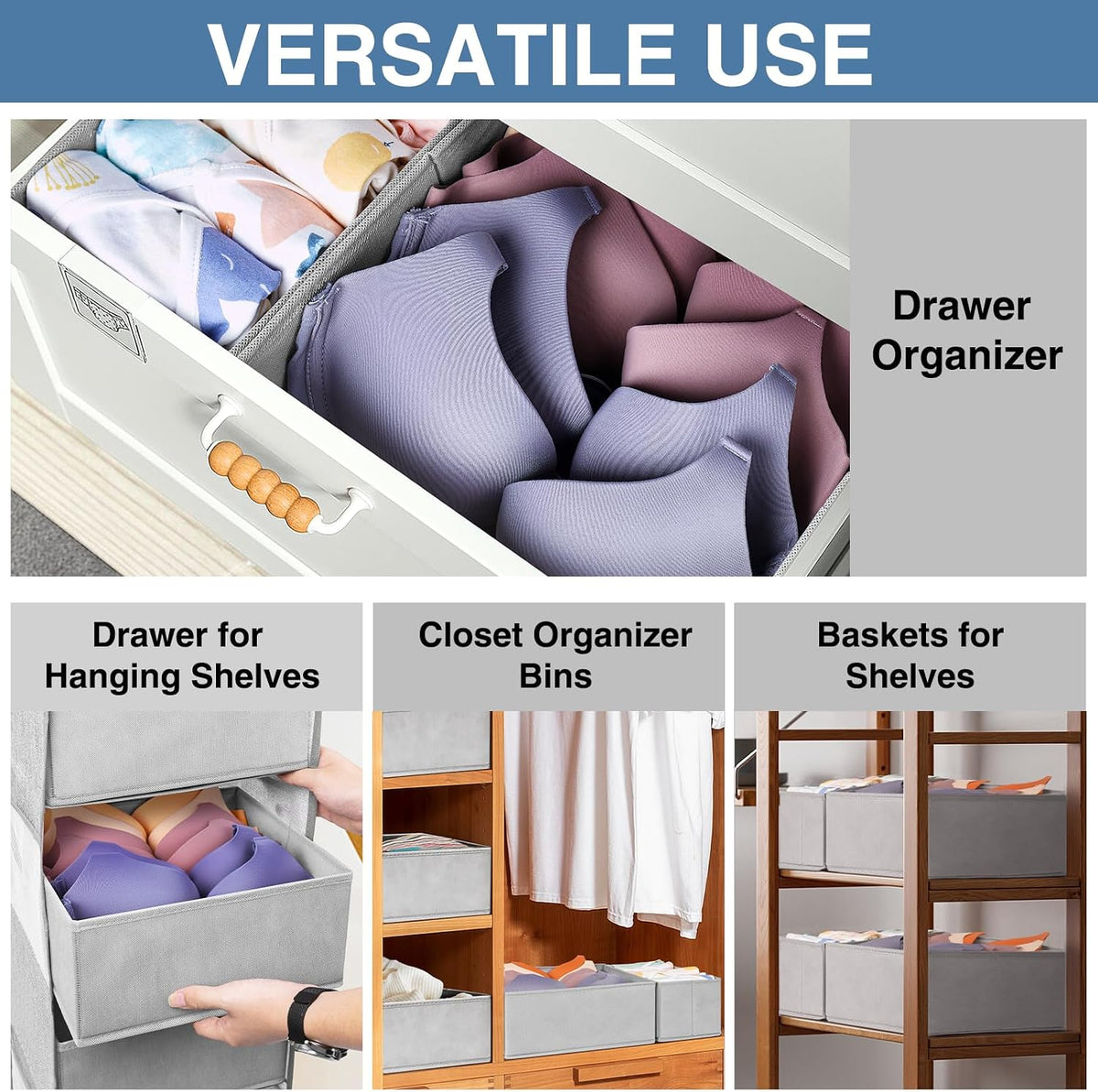 Drawer Organizer Clothes, Dresser Organizer for Nursery Bedroom Closet Organization and Storage - Baby Clothes Organizer Bins - Drawer Divider for Sock Underwear Bra Ties (Grey)