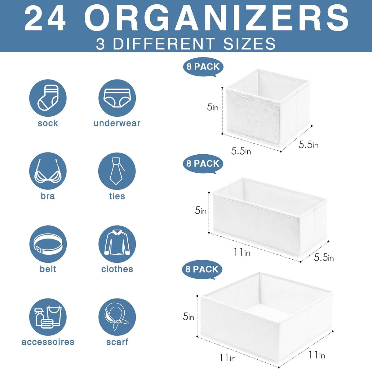 Drawer Organizer Clothes, Dresser Organizer for Nursery Bedroom Closet Organization and Storage - Baby Clothes Organizer Bins - Drawer Divider for Sock Underwear Bra Ties (Grey)