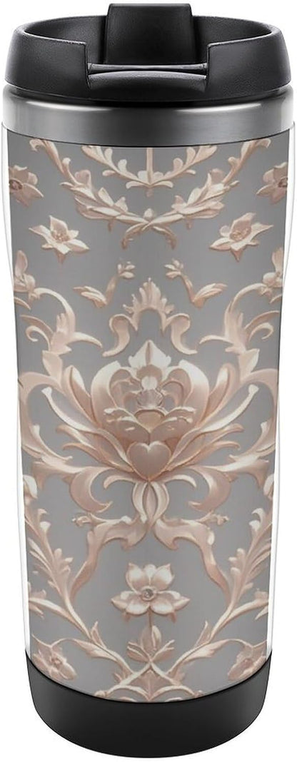 13oz Insulated Travel Coffee Mug Reusable Coffee Cup Water Bottle | Rose Gold Wallpaper Travel Mug with Leak Proof Lid Double Wall Stainless Steel Coffee Tumbler Personalized Gift
