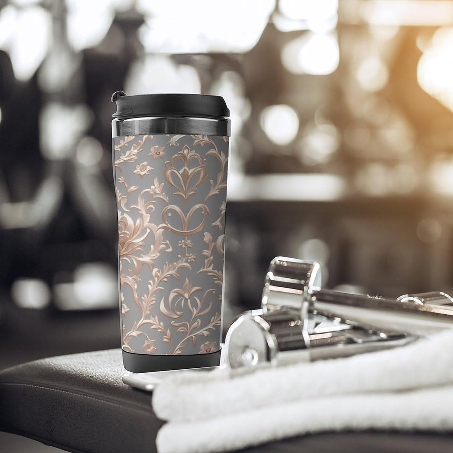 13oz Insulated Travel Coffee Mug Reusable Coffee Cup Water Bottle | Rose Gold Wallpaper Travel Mug with Leak Proof Lid Double Wall Stainless Steel Coffee Tumbler Personalized Gift