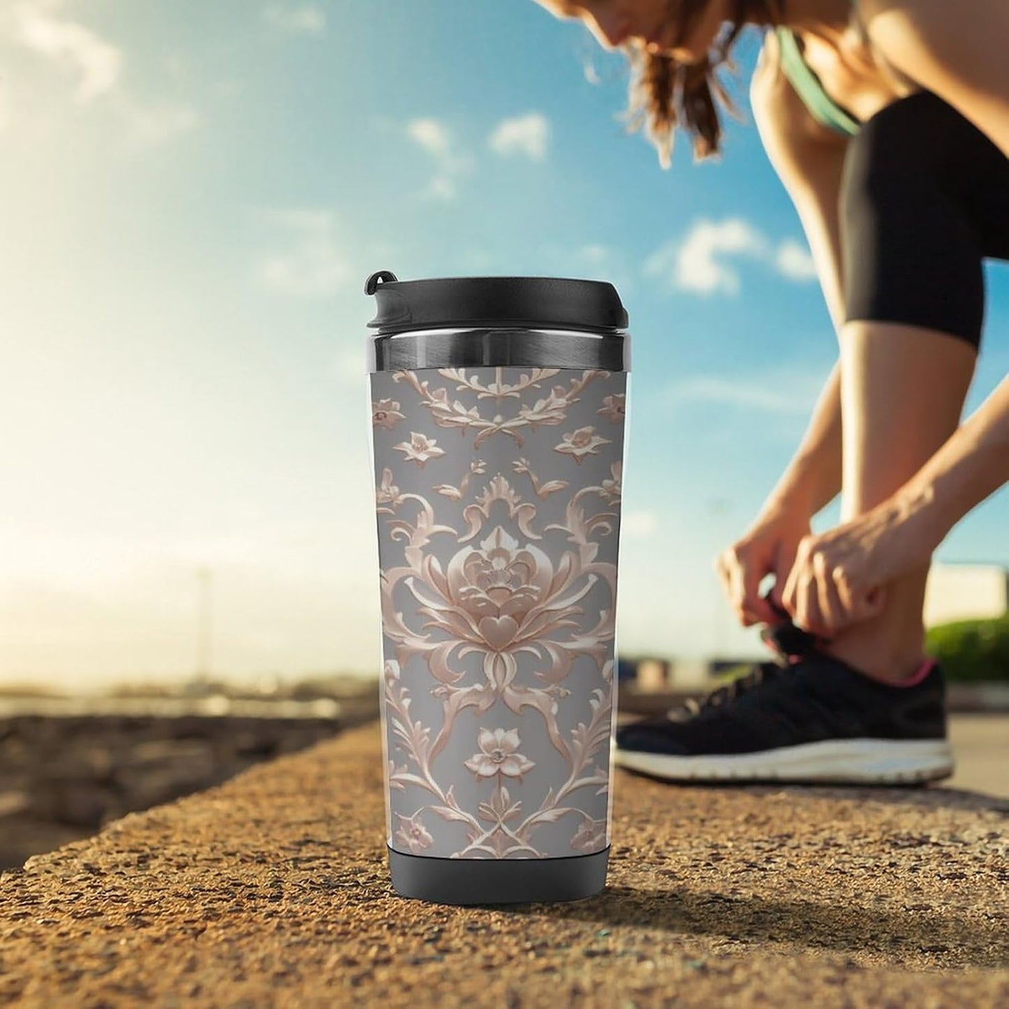 13oz Insulated Travel Coffee Mug Reusable Coffee Cup Water Bottle | Rose Gold Wallpaper Travel Mug with Leak Proof Lid Double Wall Stainless Steel Coffee Tumbler Personalized Gift