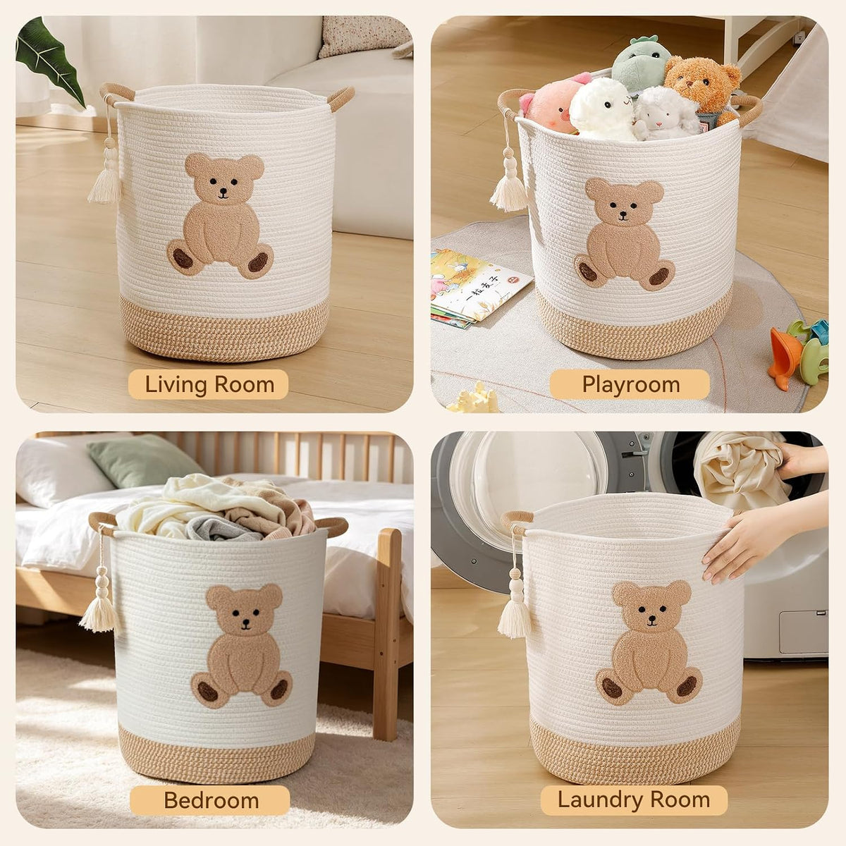 Baby Laundry Basket Large Baby Hamper, Cotton Rope Basket for Nursery Decor 51L Dirty Clothes Hampers for Kids, Woven Blanket Storage for Living Room, Stuffed Animal Storage Toy Box with Handles