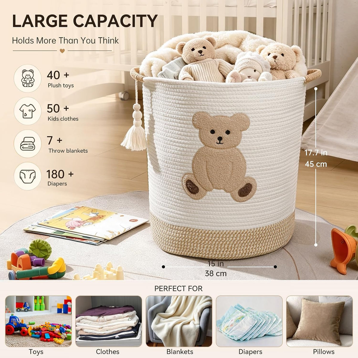 Baby Laundry Basket Large Baby Hamper, Cotton Rope Basket for Nursery Decor 51L Dirty Clothes Hampers for Kids, Woven Blanket Storage for Living Room, Stuffed Animal Storage Toy Box with Handles