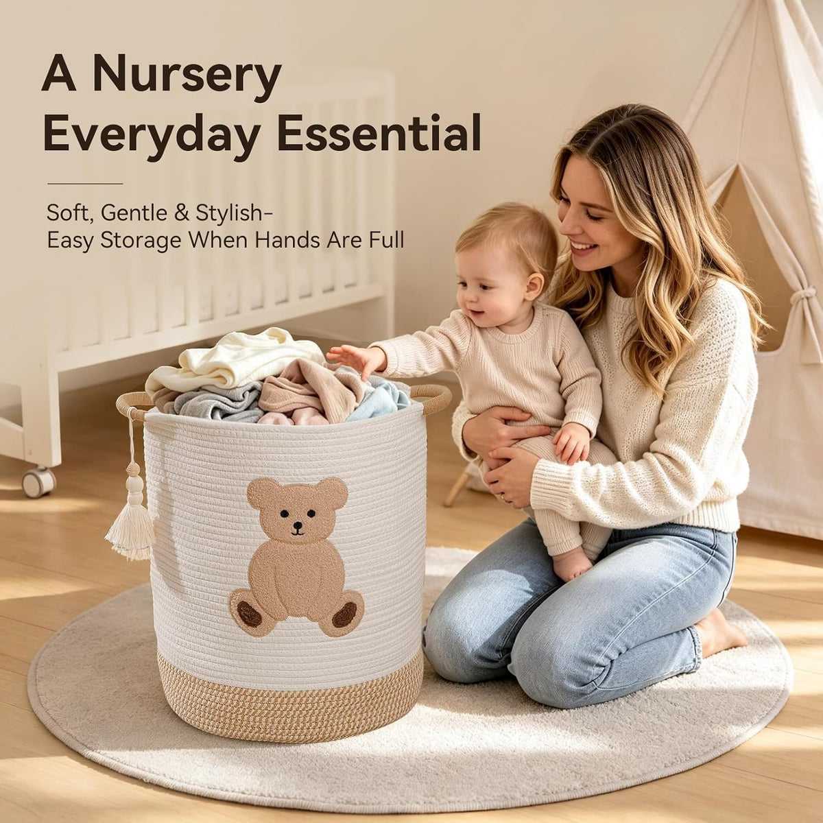 Baby Laundry Basket Large Baby Hamper, Cotton Rope Basket for Nursery Decor 51L Dirty Clothes Hampers for Kids, Woven Blanket Storage for Living Room, Stuffed Animal Storage Toy Box with Handles