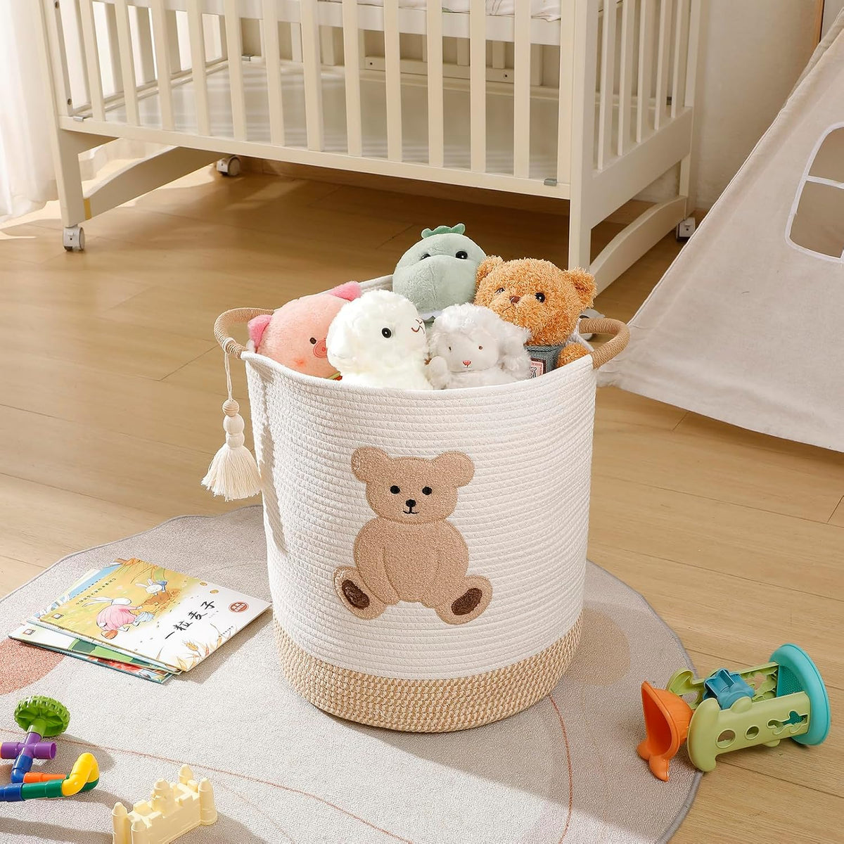 Baby Laundry Basket Large Baby Hamper, Cotton Rope Basket for Nursery Decor 51L Dirty Clothes Hampers for Kids, Woven Blanket Storage for Living Room, Stuffed Animal Storage Toy Box with Handles