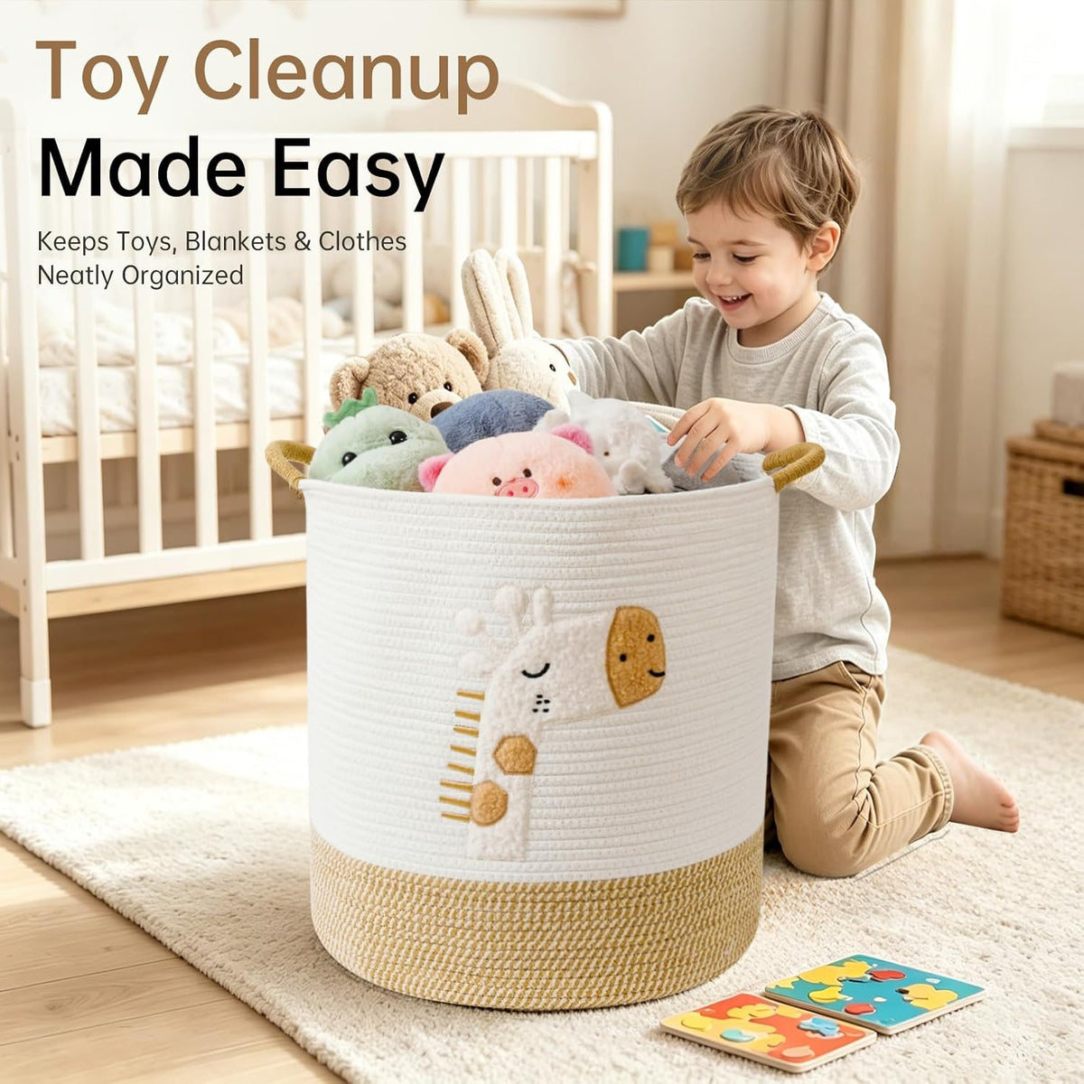 Baby Laundry Basket Large Baby Hamper, Cotton Rope Basket for Nursery Decor 51L Dirty Clothes Hampers for Kids, Woven Blanket Storage for Living Room, Stuffed Animal Storage Toy Box with Handles