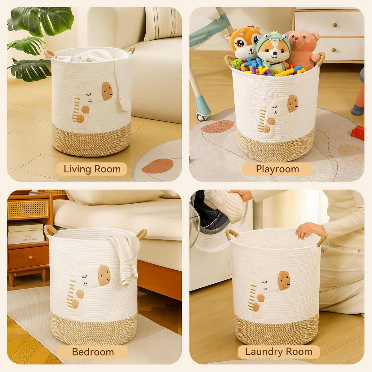 Baby Laundry Basket Large Baby Hamper, Cotton Rope Basket for Nursery Decor 51L Dirty Clothes Hampers for Kids, Woven Blanket Storage for Living Room, Stuffed Animal Storage Toy Box with Handles