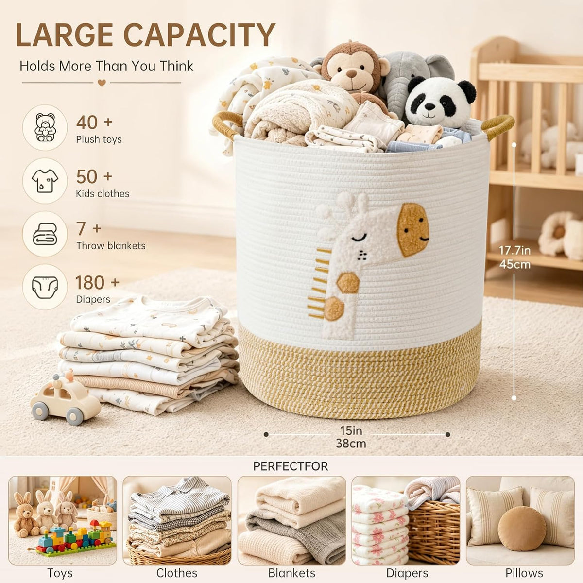 Baby Laundry Basket Large Baby Hamper, Cotton Rope Basket for Nursery Decor 51L Dirty Clothes Hampers for Kids, Woven Blanket Storage for Living Room, Stuffed Animal Storage Toy Box with Handles