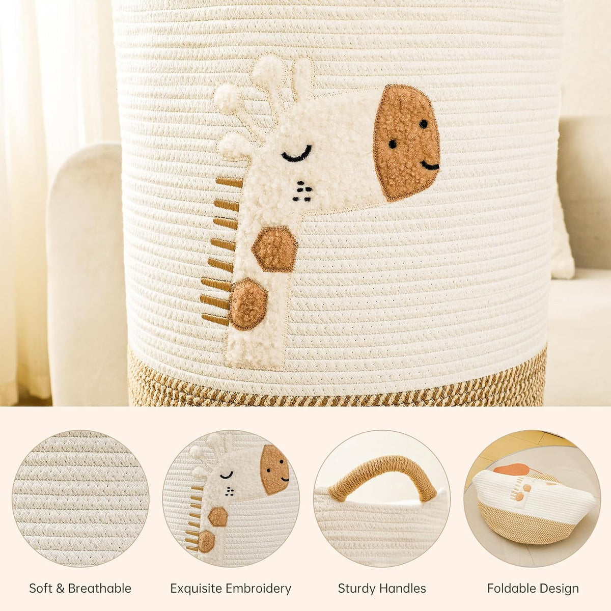 Baby Laundry Basket Large Baby Hamper, Cotton Rope Basket for Nursery Decor 51L Dirty Clothes Hampers for Kids, Woven Blanket Storage for Living Room, Stuffed Animal Storage Toy Box with Handles