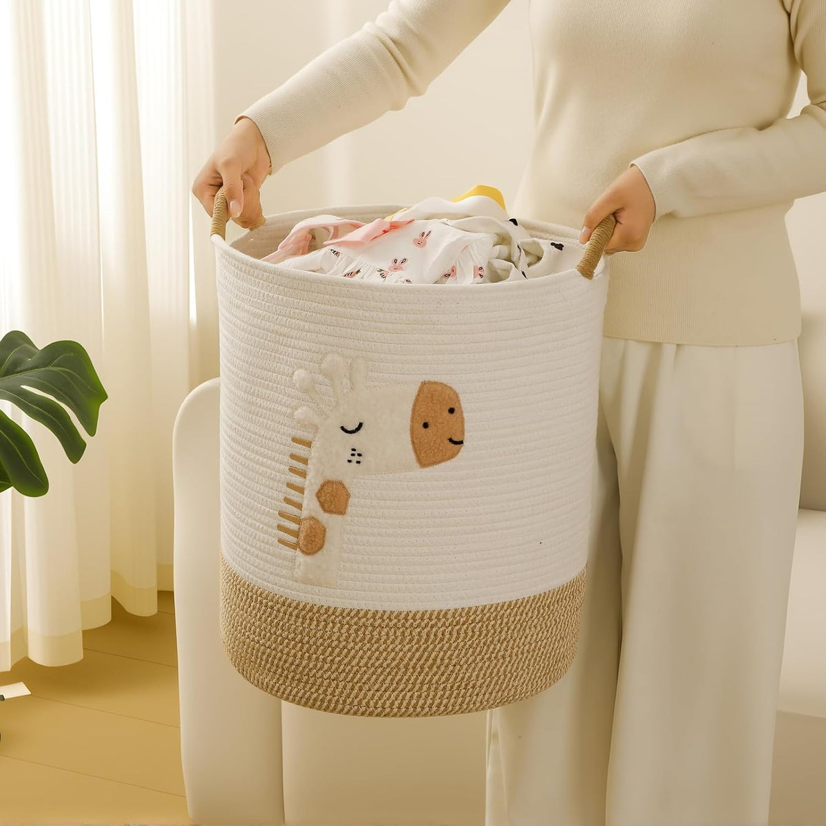 Baby Laundry Basket Large Baby Hamper, Cotton Rope Basket for Nursery Decor 51L Dirty Clothes Hampers for Kids, Woven Blanket Storage for Living Room, Stuffed Animal Storage Toy Box with Handles