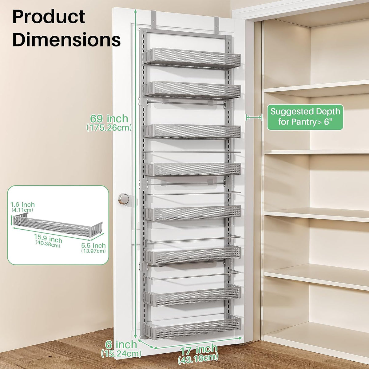 8 Tiers Over the Door Organizer, 17" W x 6" D x 69" H, White