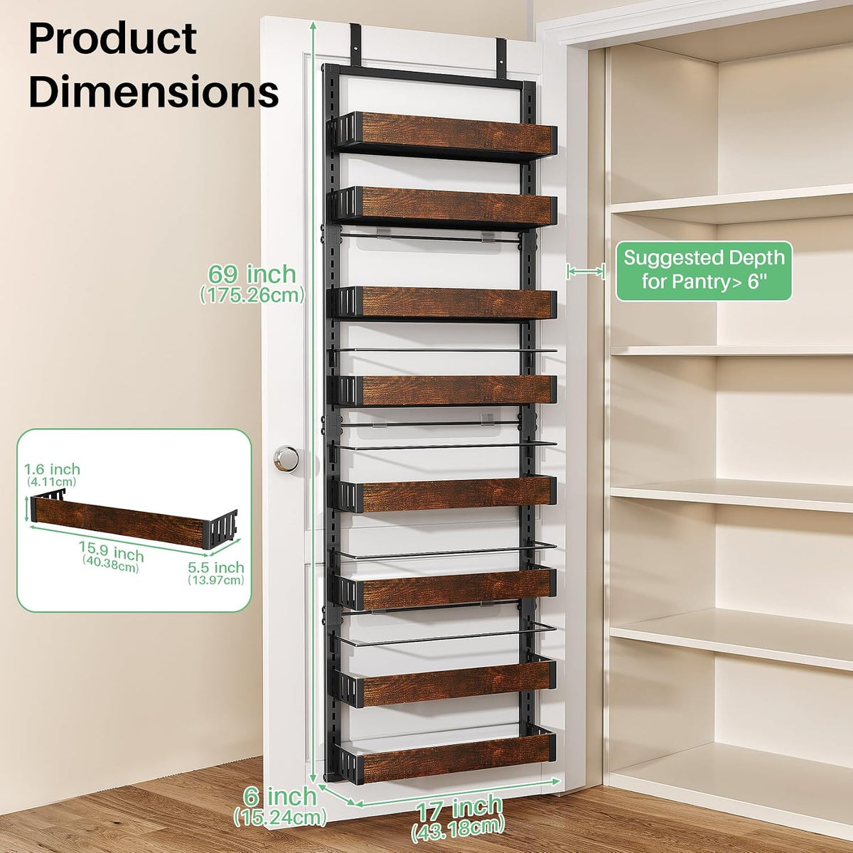 8 Tiers Over the Door Organizer, 17" W x 6" D x 69" H, White