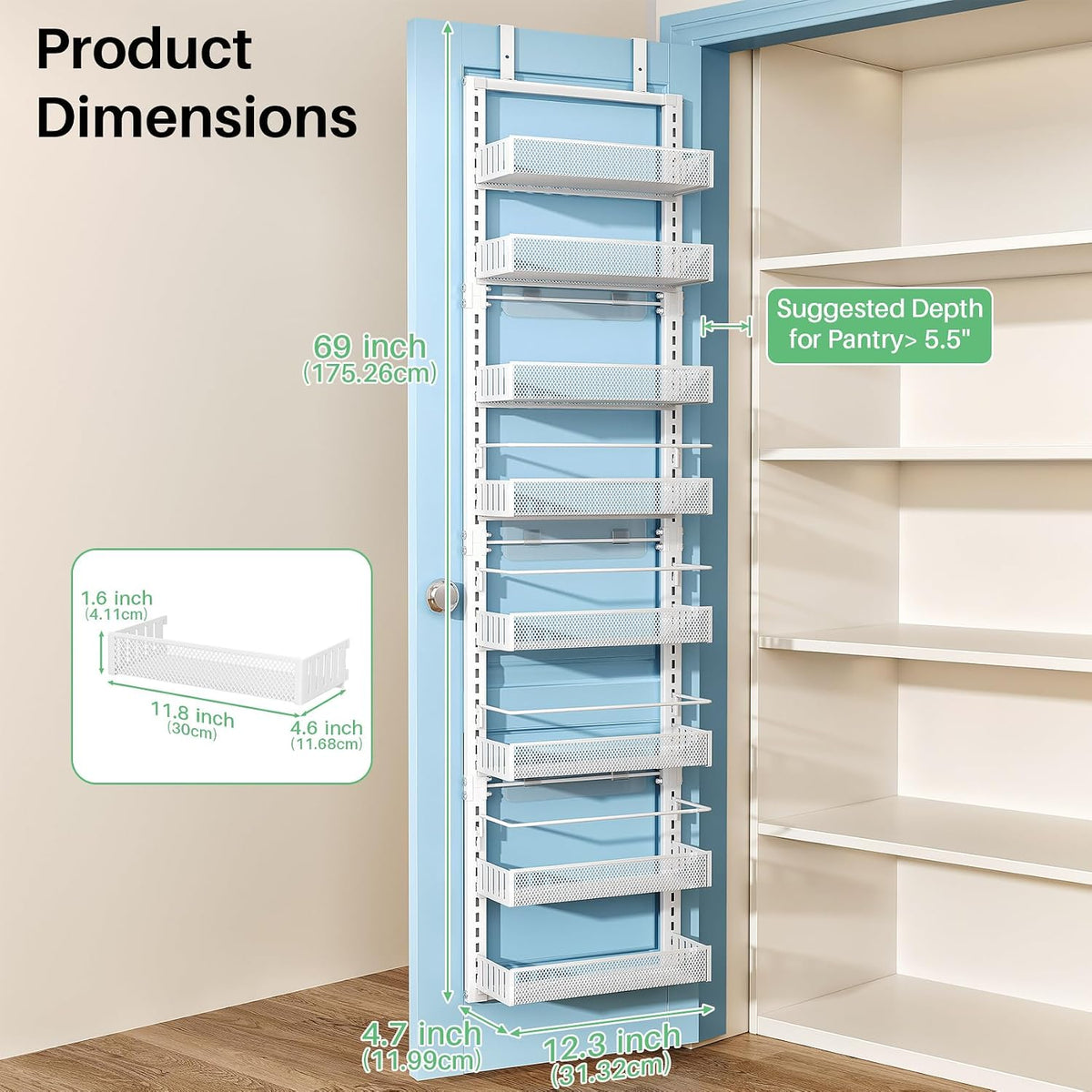 8 Tiers Over the Door Organizer, 17" W x 6" D x 69" H, White