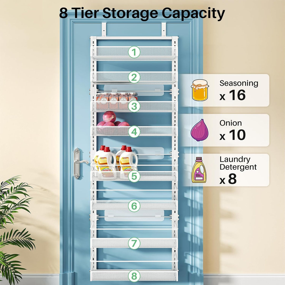8 Tiers Over the Door Organizer, 17" W x 6" D x 69" H, White