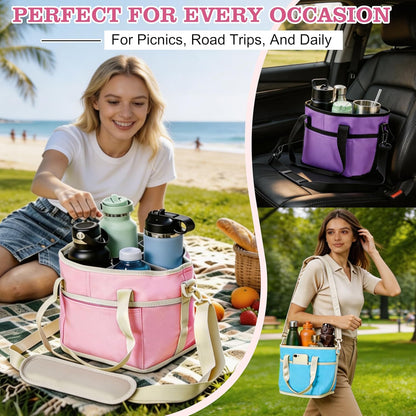 Drink Carrier Bag, Water Bottle Holder with Strap | Insulated 4-Compartment Drink Holder Bag for Car, Delivery & Outings, Adjustable & Foldable Water Bottle Carrier Tote