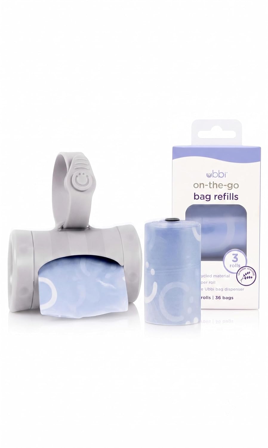 Retractable On-the-Go Diaper Bag Dispenser with 36 Lavender Scented Refill Bags for Baby Travel
