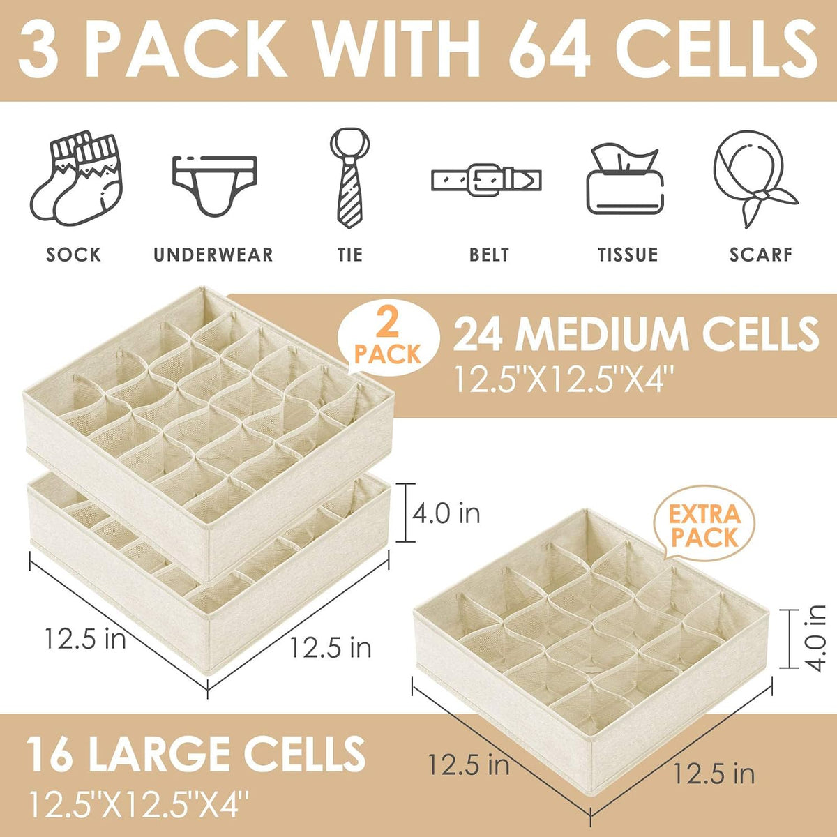 Sock Underwear Drawer Organizer Dividers, 64 Cell Fabric Foldable Dresser Organizer for Closet Organizers and Storage Boxes for Organizing Socks, Underwear, Ties (16+24+24 Cell, Gray)