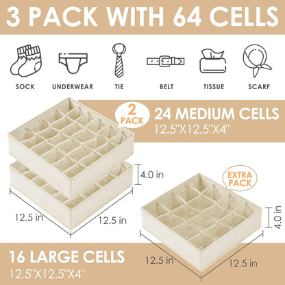 Sock Underwear Drawer Organizer Dividers, 64 Cell Fabric Foldable Dresser Organizer for Closet Organizers and Storage Boxes for Organizing Socks, Underwear, Ties (16+24+24 Cell, Gray)