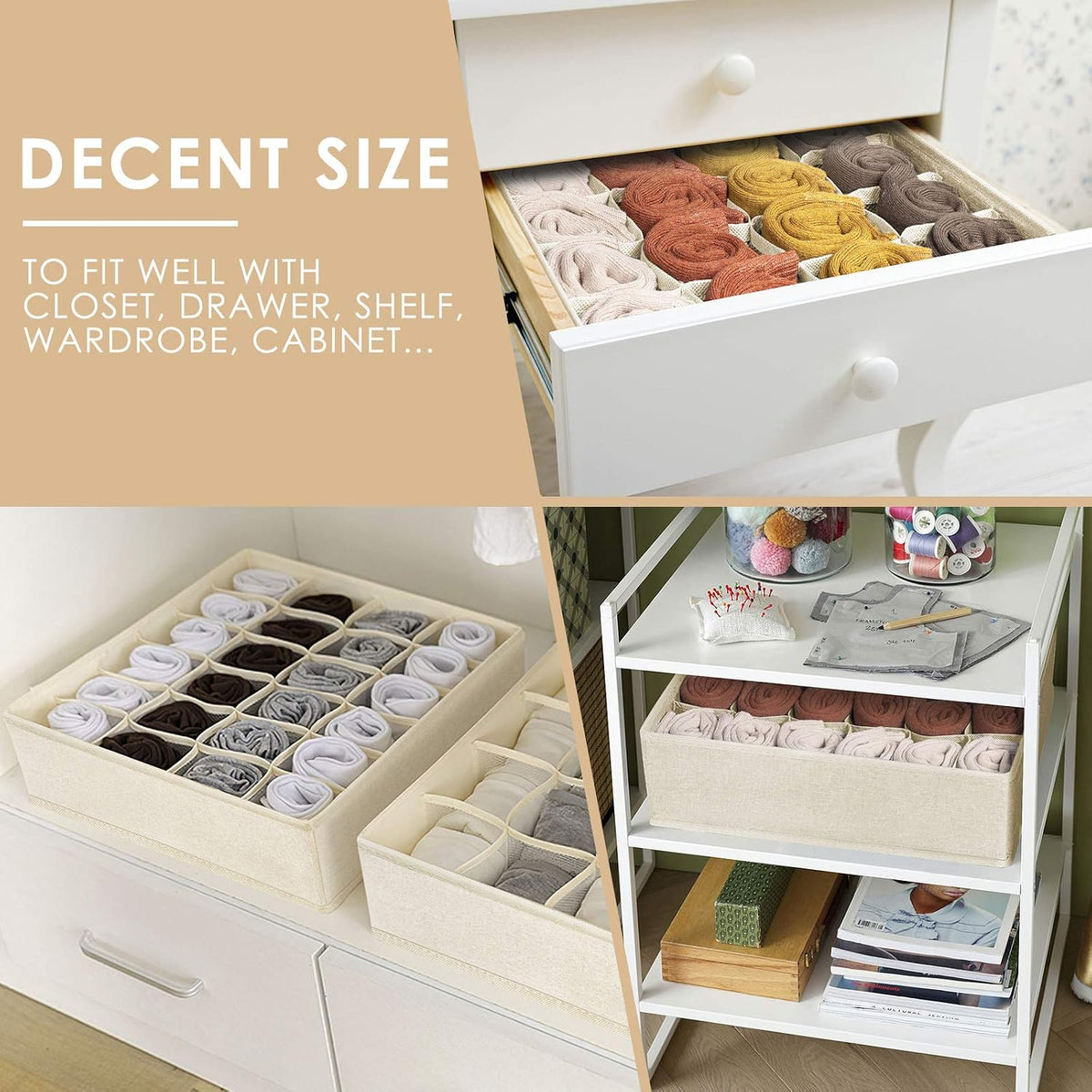 Sock Underwear Drawer Organizer Dividers, 64 Cell Fabric Foldable Dresser Organizer for Closet Organizers and Storage Boxes for Organizing Socks, Underwear, Ties (16+24+24 Cell, Gray)