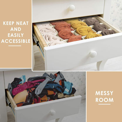 Sock Underwear Drawer Organizer Dividers, 64 Cell Fabric Foldable Dresser Organizer for Closet Organizers and Storage Boxes for Organizing Socks, Underwear, Ties (16+24+24 Cell, Gray)