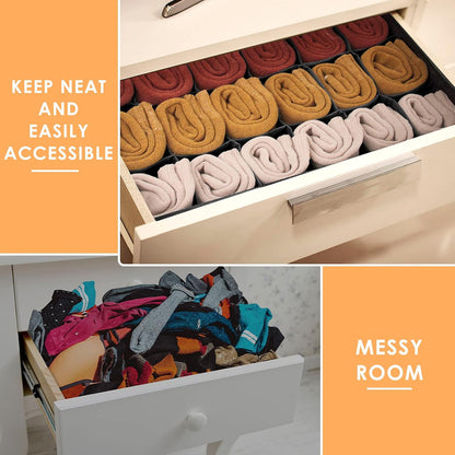 Sock Underwear Drawer Organizer Dividers, 64 Cell Fabric Foldable Dresser Organizer for Closet Organizers and Storage Boxes for Organizing Socks, Underwear, Ties (16+24+24 Cell, Gray)