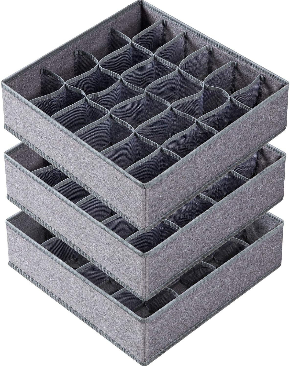 Sock Underwear Drawer Organizer Dividers, 64 Cell Fabric Foldable Dresser Organizer for Closet Organizers and Storage Boxes for Organizing Socks, Underwear, Ties (16+24+24 Cell, Gray)