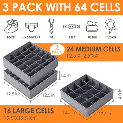 Sock Underwear Drawer Organizer Dividers, 64 Cell Fabric Foldable Dresser Organizer for Closet Organizers and Storage Boxes for Organizing Socks, Underwear, Ties (16+24+24 Cell, Gray)