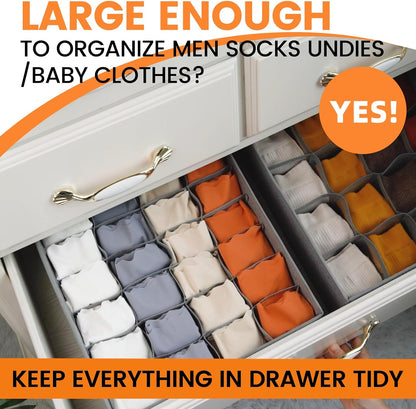 Sock Underwear Drawer Organizer Dividers, 64 Cell Fabric Foldable Dresser Organizer for Closet Organizers and Storage Boxes for Organizing Socks, Underwear, Ties (16+24+24 Cell, Gray)