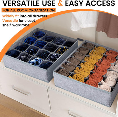 Sock Underwear Drawer Organizer Dividers, 64 Cell Fabric Foldable Dresser Organizer for Closet Organizers and Storage Boxes for Organizing Socks, Underwear, Ties (16+24+24 Cell, Gray)