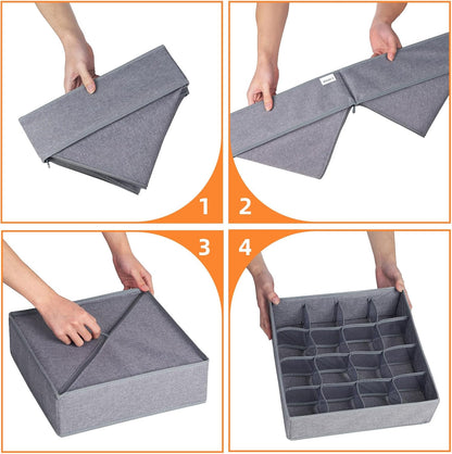 Sock Underwear Drawer Organizer Dividers, 64 Cell Fabric Foldable Dresser Organizer for Closet Organizers and Storage Boxes for Organizing Socks, Underwear, Ties (16+24+24 Cell, Gray)