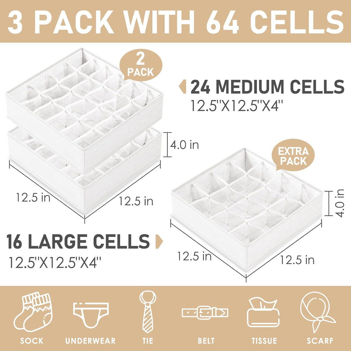 Sock Underwear Drawer Organizer Dividers, 64 Cell Fabric Foldable Dresser Organizer for Closet Organizers and Storage Boxes for Organizing Socks, Underwear, Ties (16+24+24 Cell, Gray)