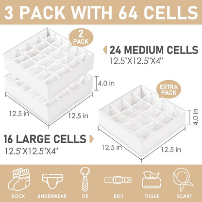 Sock Underwear Drawer Organizer Dividers, 64 Cell Fabric Foldable Dresser Organizer for Closet Organizers and Storage Boxes for Organizing Socks, Underwear, Ties (16+24+24 Cell, Gray)