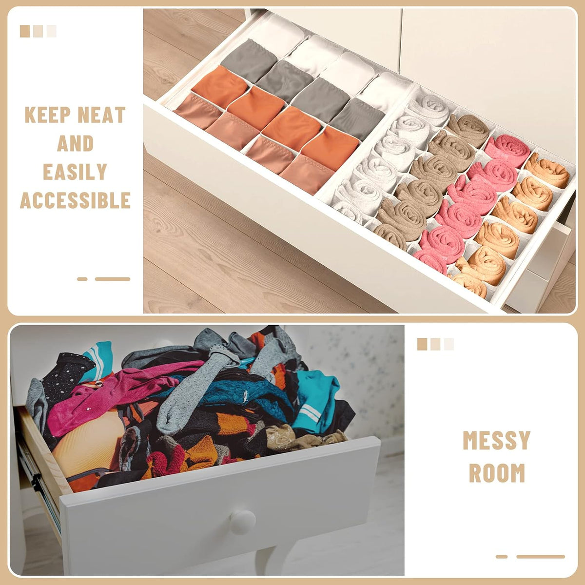 Sock Underwear Drawer Organizer Dividers, 64 Cell Fabric Foldable Dresser Organizer for Closet Organizers and Storage Boxes for Organizing Socks, Underwear, Ties (16+24+24 Cell, Gray)