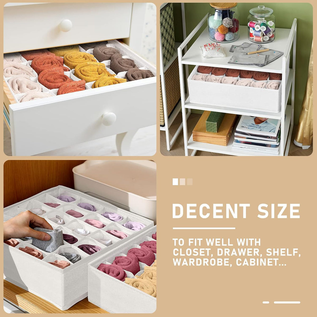 Sock Underwear Drawer Organizer Dividers, 64 Cell Fabric Foldable Dresser Organizer for Closet Organizers and Storage Boxes for Organizing Socks, Underwear, Ties (16+24+24 Cell, Gray)