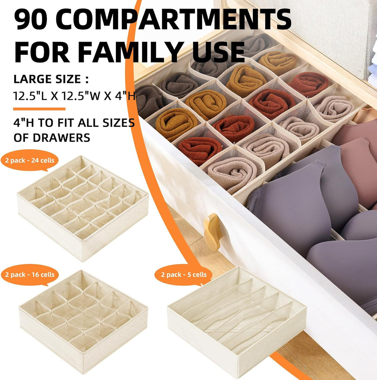 Sock Underwear Drawer Organizer Dividers, 64 Cell Fabric Foldable Dresser Organizer for Closet Organizers and Storage Boxes for Organizing Socks, Underwear, Ties (16+24+24 Cell, Gray)